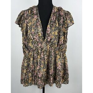 Les Serein Floral Ruffle Flutter Short Sleeve Blouse Black Multi 2X Polyester